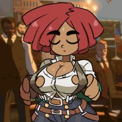 Rule 34 | 1girl, 3boys, animated, animated gif, bouncing breasts, breasts, bursting breasts, cleavage, dark-skinned male, dark skin, giovanna (guilty gear), guilty gear, highres, huge breasts, jellot, large breasts, multiple boys, red hair, shiny skin