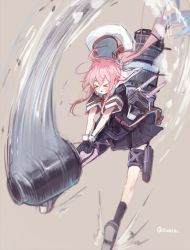 Rule 34 | &gt; &lt;, 10s, 1girl, afterimage, barrel, beret, black socks, blue hair, cannon, drum (container), closed eyes, full body, gradient hair, hammers, harusame (kancolle), hat, highres, kantai collection, kneehighs, loafers, multicolored hair, open mouth, outstretched arms, pink hair, running, shoes, short sleeves, side ponytail, slashing, sleeve cuffs, socks, solo, sumisu (mondo), thigh strap, turret, twitter username, wince