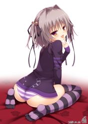 Rule 34 | 1girl, absurdres, ass, bell, blush, breasts, dated, fang, finger to mouth, gradient eyes, grey hair, hair bell, hair ornament, hair ribbon, hapymaher, highres, looking at viewer, looking back, multicolored eyes, naitou maia, no pants, panties, purple panties, red eyes, ribbon, short hair, simple background, slit pupils, small breasts, solo, striped clothes, striped panties, striped thighhighs, thighhighs, underwear, yellow eyes, yuzu modoki