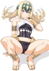 Rule 34 | 1girl, armlet, armor, bare shoulders, black panties, blonde hair, blush, bracer, breasts, cameltoe, commentary request, diadem, fate/grand order, fate (series), faulds, halterneck, jewelry, looking at viewer, medium breasts, medium hair, neck ring, panties, parted lips, pollux (fate), purple eyes, shiseki hirame, simple background, sitting, solo, thighs, underwear