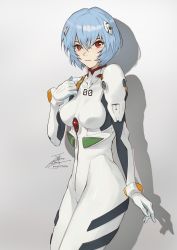 Rule 34 | ayanami rei, blue hair, bob cut, breasts, expressionless, fadingz, hand on own chest, highres, looking at viewer, neon genesis evangelion, plugsuit, rebuild of evangelion, red eyes, signature, solo, white background