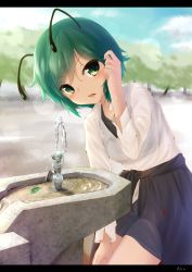 Rule 34 | 1girl, antennae, biburu, blouse, bug, clothes around waist, commentary request, day, drinking fountain, green eyes, green hair, tucking hair, highres, insect, ladybug, leaf, leaning forward, lens flare, letterboxed, looking at viewer, outdoors, shirt, shorts, signature, solo, sweat, touhou, water, white shirt, wriggle nightbug