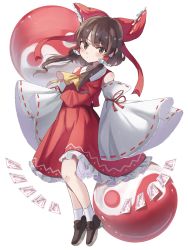Rule 34 | 1girl, ascot, bow, brown eyes, brown footwear, brown hair, collared vest, commentary request, frilled skirt, frills, full body, hair bow, hair tubes, hakurei reimu, highres, katsukare, loafers, long sleeves, ofuda, orb, red bow, red ribbon, red skirt, red vest, ribbon, ribbon-trimmed sleeves, ribbon trim, shoes, short hair with long locks, simple background, skirt, socks, standing, touhou, vest, white background, white socks, wide sleeves, yellow ascot, yin yang, yin yang orb