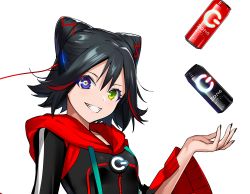 Rule 34 | black hair, black nails, blue eyes, can, collarbone, cropped, dive to zone, fingernails, green eyes, heterochromia, hood, hood down, medium hair, multicolored hair, nail polish, power symbol, power symbol-shaped pupils, red hair, simple background, smile, solo, symbol-shaped pupils, teeth, upper body, urata asao, white background, zipper