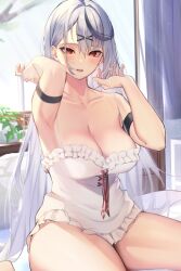 Rule 34 | 1girl, armpits, black hair, blush, breasts, camisole, cleavage, collarbone, frills, grey hair, hair ornament, hololive, large breasts, looking at viewer, multicolored hair, open mouth, pero (peroneko0510), red eyes, sakamata chloe, sitting, solo, streaked hair, thighs, virtual youtuber, wariza, white camisole, x hair ornament