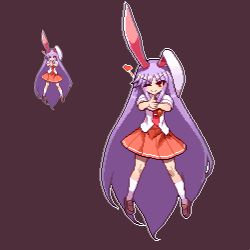 Rule 34 | &gt;;), 1girl, absurdly long hair, animal ears, blouse, finger gun, heart, loafers, long hair, looking at viewer, migel futoshi, necktie, one eye closed, pixel art, pleated skirt, purple hair, rabbit ears, red necktie, reisen udongein inaba, shirt, shoes, short sleeves, simple background, skirt, socks, solo, touhou, urban legend in limbo, v-shaped eyebrows, very long hair, white socks
