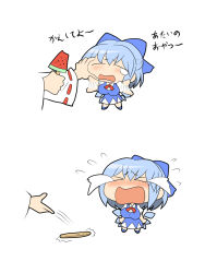 Rule 34 | &gt; &lt;, 1girl, alternate breast size, blue hair, blush, breasts, bullying, chibi, cirno, closed eyes, crying, embodiment of scarlet devil, food, fruit, hakurei reimu, kloah, medium breasts, popsicle, robbery, simple background, tears, theft, touhou, translated, watermelon, watermelon bar, wings