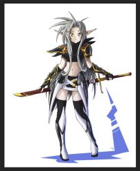 Rule 34 | 1girl, elf, grey hair, hushabye, long hair, looking at viewer, midriff, navel, original, pointy ears, simple background, smile, solo, sword, thighhighs, very long hair, weapon, white background, yellow eyes