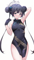 Rule 34 | 1girl, absurdres, arm behind head, arm up, armpits, black dress, black gloves, black hair, blue archive, blue eyes, blunt bangs, blush, china dress, chinese clothes, commentary, cowboy shot, double bun, dress, gloves, hair bun, halo, highres, kisaki (blue archive), looking at viewer, parted lips, simple background, sleeveless, sleeveless dress, solo, twintails, usagi (786113654), white background