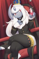 Rule 34 | 1girl, absol, absurdres, artist name, black jacket, black thighhighs, creatures (company), crossed legs, crown, cup, dated, drinking glass, furry, furry female, game freak, gen 3 pokemon, highres, holding, holding cup, indoors, jacket, lute (zinfyu), nintendo, pokemon, pokemon (creature), red curtains, red eyes, red wine, simple background, sitting, solo, thighhighs, throne, wine glass, zinfyu