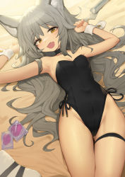 Rule 34 | 1girl, :d, absurdres, animal ears, armpits, arms up, bare arms, bare shoulders, bed sheet, black choker, black leotard, breasts, choker, cleavage, condom, condom wrapper, covered navel, fang, fox ears, gluteal fold, grey hair, groin, highleg, highleg leotard, highres, leotard, long hair, looking at viewer, lying, no bra, no panties, nontraditional playboy bunny, on back, open mouth, orange eyes, original, playboy bunny, romana, small breasts, smile, solo, strapless, strapless leotard, thigh gap, thigh strap, thighs, very long hair, wavy hair, wrist cuffs
