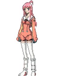 Rule 34 | 00s, ahoge, full body, long hair, lowres, nono (top wo nerae 2!), pink hair, pixel art, qvga, romper, solo, standing, thighhighs, top wo nerae 2!, transparent background, yg
