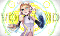 Rule 34 | 1girl, android, blonde hair, detached sleeves, fukushima (jfierd), glowing, glowing eyes, hair ornament, hair ribbon, hairclip, headphones, kagamine rin, kagamine rin (append), musical note, navel, open mouth, ribbon, short hair, solo, vocaloid, vocaloid append