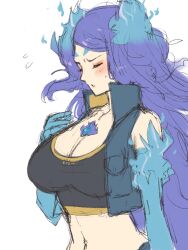 Rule 34 | 1girl, blue hair, blush, breasts, brighid (xenoblade), cleavage, coat, cosplay, fire hair, highres, large breasts, sena (xenoblade), sena (xenoblade) (cosplay), sleeveless, sleeveless coat, solo, source request, xenoblade chronicles (series), xenoblade chronicles 2, xenoblade chronicles 3