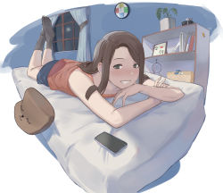 Rule 34 | 1girl, absurdres, animal-shaped pillow, bed, bedroom, black socks, bookshelf, brown hair, cellphone, clock, commentary request, futon, green eyes, grin, highres, indoors, looking at viewer, lying, medium hair, night, on bed, on stomach, orange tank top, original, phone, pillow, plant, smile, socks, solo, tank top, w4pz, window