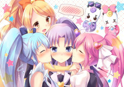 Rule 34 | 10s, 4girls, aino megumi, bad id, bad pixiv id, blonde hair, blue hair, blush, bow, brooch, closed eyes, crown, cure fortune, cure honey, cure lovely, cure princess, girl sandwich, gurasan (happinesscharge precure!), hair ornament, happinesscharge precure!, heart, heart brooch, heart hair ornament, hikawa iona, kuguri oimo, long hair, magical girl, multiple girls, oomori yuuko, open mouth, pink bow, pink hair, ponytail, precure, purple eyes, purple hair, ribbon (happinesscharge precure!), sandwiched, shirayuki hime, spoken blush, star (symbol), twintails, wide ponytail, yellow eyes