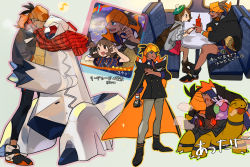 Rule 34 | 1boy, 1girl, backpack, bag, black hair, blush, bob cut, boots, brown bag, brown eyes, brown footwear, brown hair, cardigan, character name, claw pose, clenched teeth, commentary request, creatures (company), dark-skinned male, dark skin, dress, duraludon, dynamax band, game freak, gen 3 pokemon, gen 4 pokemon, gen 6 pokemon, gen 8 pokemon, gloria (pokemon), goomy, green headwear, grey cardigan, gym leader, hat, holding, hood, hooded cardigan, hoodie, musical note, natsuko (summer 525528), nintendo, orange headwear, plaid, plaid scarf, pokemon, pokemon (creature), pokemon swsh, raihan (pokemon), rotom, rotom phone, scarf, shared clothes, shared scarf, shoes, short hair, sitting, smile, standing, star (symbol), tam o&#039; shanter, teeth, torkoal, train interior, trainer card