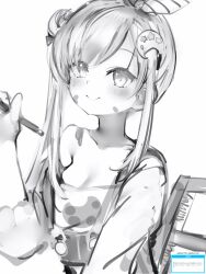 Rule 34 | 1girl, airani iofifteen, airani iofifteen (1st costume), blush, bow, breasts, chair, cleavage, closed mouth, greyscale, hair bow, hand up, highres, holding, holding stylus, hololive, hololive indonesia, long sleeves, looking at viewer, medium breasts, monochrome, nanashi (nlo), on chair, overalls, paint splatter, paint splatter on face, shirt, simple background, smile, solo, stylus, virtual youtuber, white background