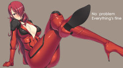 Rule 34 | 1girl, areola slip, arm support, atlus, blush, bodysuit, breasts, cleavage, cosplay, crossed legs, darabuchi, english text, feet, foreshortening, gloves, hair over one eye, high heels, izayoi aki, izayoi aki (cosplay), kirijou mitsuru, large breasts, legs, long hair, looking at viewer, medium breasts, no bra, open clothes, parted bangs, persona, persona 3, red bodysuit, red eyes, red footwear, red gloves, red hair, shiny clothes, shoe soles, shoes, simple background, sitting, skin tight, smile, soles, solo, thick thighs, thighs, truth, unzipped, yu-gi-oh!, yu-gi-oh! 5d&#039;s