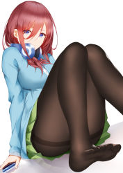 Rule 34 | 1girl, absurdres, an yasuri, ass, bad id, bad pixiv id, blue cardigan, blue eyes, breasts, brown pantyhose, buttons, cardigan, cellphone, closed mouth, convenient leg, feet, go-toubun no hanayome, green skirt, hair between eyes, headphones, headphones around neck, highres, holding, holding phone, knees up, large breasts, long hair, long sleeves, looking at viewer, miniskirt, nakano miku, no shoes, pantyhose, phone, pleated skirt, red hair, shadow, sidelocks, simple background, sitting, skirt, sleeves past wrists, smile, solo, thighband pantyhose, white background
