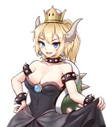 Rule 34 | &gt;:), &gt;:d, 1girl, :d, armlet, bare arms, bare shoulders, black collar, black dress, blonde hair, blue eyes, blush, borrowed design, bowsette, bracelet, breasts, brooch, cleavage, collar, collarbone, commentary request, crown, dress, earrings, fangs, half updo, hand on own hip, highres, horns, jewelry, large breasts, looking at viewer, mario (series), medium breasts, medium hair, mini crown, minust, new super mario bros. u deluxe, nintendo, open mouth, pointy ears, ponytail, short hair, simple background, skirt hold, smile, solo, spiked armlet, spiked bracelet, spiked collar, spiked shell, spikes, strapless, strapless dress, super crown, teeth, turtle shell, v-shaped eyebrows, white background