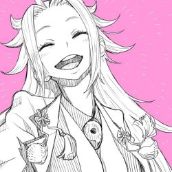 Rule 34 | 10s, 1girl, closed eyes, commentary request, female focus, jacket, jun&#039;you (kancolle), kantai collection, limited palette, long hair, magatama, monochrome, open mouth, parted bangs, pink background, shadow, shirt, simple background, sketch, smile, solo, spiked hair, teeth, tocky, upper body