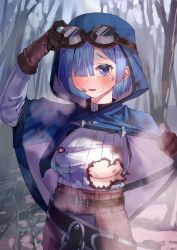 Rule 34 | 1girl, alternate costume, amog, arm up, belt, black gloves, blue cape, blue eyes, blue hair, blush, breasts, burnt clothes, cape, commission, cowboy shot, gloves, goggles, goggles on head, hair over one eye, highres, hood, hood up, hooded cape, long sleeves, medium breasts, no bra, open mouth, outdoors, pixiv commission, re:zero kara hajimeru isekai seikatsu, rem (re:zero), shirt, short hair, solo, steaming body, sweat, torn clothes, torn shirt, underboob, white shirt