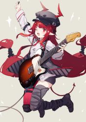 Rule 34 | 1girl, arknights, black hat, black shorts, blunt bangs, braid, demon tail, electric guitar, fender (company), fender telecaster, guitar, hat, highres, instrument, jumping, long hair, long sleeves, looking at viewer, necktie, one eye closed, open mouth, plectrum, pointy ears, red eyes, red hair, red necktie, sh (shinh), shirt, shorts, single thighhigh, sketch, smile, solo, tail, thighhighs, very long hair, vigna (arknights), white shirt