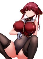 Rule 34 | 1girl, absurdres, breasts, cameltoe, cleavage, eyepatch, hand on own stomach, highres, hololive, houshou marine, hu sea, kneehighs, large breasts, no pants, red eyes, red hair, see-through, see-through cleavage, sleeveless, socks, solo, squatting, tank top, thighhighs, twintails, virtual youtuber, white background, zettai ryouiki