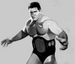 Rule 34 | 1boy, black hair, bruno sammartino, championship belt, fighting stance, greyscale, looking at viewer, male focus, monochrome, muscular, real life, short hair, simple background, solo, taka (takahirokun), wrestling, wrestling outfit, wwe