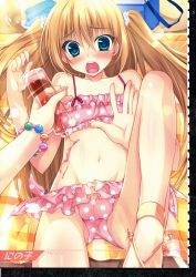 Rule 34 | 2boys, :o, absurdres, aqua eyes, beach, blonde hair, blush, bracelet, bulge, highres, jewelry, long hair, male focus, multiple boys, ninoko, open mouth, oto nyan, penis, shoes, small penis, sweat, swimsuit, tears, towel, trap, twintails