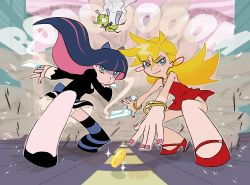 Rule 34 | 10s, 2girls, black dress, blonde hair, blue eyes, chuck (psg), coin, dress, explosion, fighting stance, foreshortening, gun, high heels, highres, jewelry, lots of jewelry, maigleco, multicolored hair, multiple girls, nail polish, official style, panty &amp; stocking with garterbelt, panty (psg), pink nails, red dress, red skirt, shoes, siblings, single thighhigh, sisters, skirt, stocking (psg), striped clothes, striped legwear, striped thighhighs, thighhighs, two-tone hair, weapon