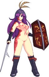 Rule 34 | 1girl, boots, breasts, burn scar, commentary, english commentary, frown, full body, helmet, holding, holding shield, holding weapon, ikezawa hanako, katawa shoujo, knee boots, legs apart, long hair, looking at viewer, medium breasts, nipples, nude, purple eyes, purple hair, pussy, rtil, scar, serious, shield, simple background, solo, standing, weapon, white background, wrist wrap