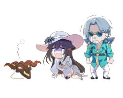 1boy 1girl akash_(honkai:_star_rail) black_footwear black_hair constance_(honkai:_star_rail) crying dress duke_inferno_(honkai:_star_rail) green_shirt grey_hair hat highres honkai:_star_rail honkai_(series) horns jewelry kame_(addlechicken) lying necklace necktie open_clothes open_mouth open_shirt pants shirt shoes skull standing sun_hat sunglasses white_background white_dress white_footwear white_pants yellow_necktie