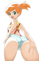Rule 34 | 1girl, arm behind back, ass, back, breasts, creatures (company), crop top, foreshortening, from below, game freak, green eyes, gym leader, hand on leg, hand on own ass, hand on own hip, hand on own thigh, highres, looking at viewer, looking back, makoto daikichi, medium breasts, micro shorts, misty (pokemon), nintendo, no bra, open mouth, orange hair, pokemon, pokemon (anime), pokemon (classic anime), short hair, short shorts, shorts, side ponytail, sideboob, simple background, smile, solo, standing, suspenders, teeth, underboob, upper teeth only, white background