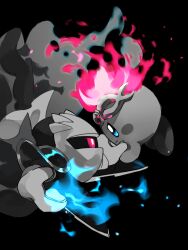 Rule 34 | 2boys, black background, blue eyes, blue fire, cape, commentary request, eye contact, fire, fire kirby, fire, highres, holding, holding sword, holding weapon, kirby, kirby (series), looking at another, male focus, mask, meta knight, monochrome, multiple boys, nintendo, red eyes, simple background, sword, user gaje3724, weapon