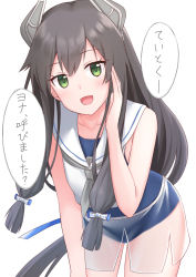 Rule 34 | 1girl, :d, akahi242, black hair, black one-piece swimsuit, blush, collarbone, cowboy shot, green eyes, grey neckerchief, hair between eyes, highres, i-47 (kancolle), kantai collection, long hair, looking at viewer, neckerchief, one-piece swimsuit, open mouth, sailor collar, school swimsuit, simple background, sleeveless, smile, solo, speech bubble, swimsuit, swimsuit under clothes, translated, white background, white sailor collar