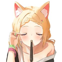 Rule 34 | 1girl, aki rosenthal, aki rosenthal (gaming casual), animal ear fluff, animal ears, bare shoulders, blonde hair, blush, braid, closed eyes, collarbone, facing viewer, fingernails, food, green nails, hololive, incoming pocky kiss, mouth hold, nail polish, pocky, pocky day, pov, solo, transparent background, twin (tt lsh), virtual youtuber, white background