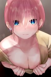 Rule 34 | 1girl, asymmetrical hair, blue eyes, breasts, brown background, cleavage, clothes pull, collarbone, earrings, from above, go-toubun no hanayome, hair between eyes, highres, jewelry, looking at viewer, mame1645, nakano ichika, pink hair, shirt pull, short hair, solo, upper body