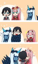 Rule 34 | 001 (darling in the franxx), 10s, 1boy, 2girls, 3koma, :t, ^^^, black hair, blank eyes, blue eyes, blue hair, blue horns, blue skin, blush stickers, closed eyes, colored skin, comic, commentary, commentary request, couple, darling in the franxx, flower, fringe trim, green eyes, hair flower, hair ornament, hairband, hand on another&#039;s face, hand on another&#039;s shoulder, heart, heater, hetero, highres, hiro (darling in the franxx), horns, hug, jealous, light blue hair, long hair, long sleeves, looking at another, mato (mozu hayanie) (style), military, military uniform, multiple girls, musical note, necktie, netorare, oni horns, orange neckwear, parody, pink hair, pout, red horns, red neckwear, scar, scar on face, short hair, silent comic, spoilers, spoken musical note, style parody, sweat, tashidraw, tentacles, uniform, white hairband, zero two (darling in the franxx)