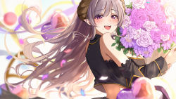 Rule 34 | 1girl, nanashi inc., :d, amyu (amm asl pa), balloon, black shirt, blurry, blurry background, blurry foreground, blush, bouquet, breasts, commentary, demon horns, detached sleeves, floating hair, flower, from side, hair between eyes, heart balloon, highres, holding, holding bouquet, honey strap, horns, lace trim, light purple hair, long hair, medium breasts, mole, mole under mouth, open mouth, pointy ears, purple eyes, saionji mary, shirt, smile, solo, upper body, virtual youtuber