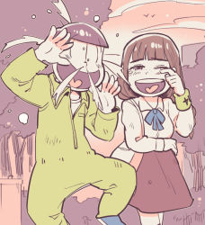 Rule 34 | 10s, 1boy, 1girl, bad id, bad pixiv id, bowl cut, braid, brown hair, heart, heart in mouth, jumpsuit, jyushimatsu&#039;s girlfriend, laughing, matsuno jyushimatsu, osomatsu-kun, osomatsu-san, osomatsu (series), sanjiro (tenshin anman), short hair, skier, smile, standing, standing on one leg, sunset, tearing up, tears, wall-eyed, water, wiping tears, wristband