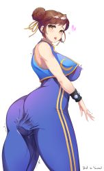 Rule 34 | 1girl, :p, alternate costume, ass, bad id, bad pixiv id, bare shoulders, blush, bodysuit, breasts, brown eyes, brown hair, capcom, chun-li, covered erect nipples, crying, crying with eyes open, double bun, hair bun, hair ribbon, harry (dudwofla), heart, highres, large breasts, looking at viewer, medium breasts, ribbon, saliva, sex toy, short hair, simple background, sleeveless, sleeveless bodysuit, solo, street fighter, street fighter zero (series), tears, thighs, tongue, tongue out, torogao, trembling, vibrator, vibrator under clothes, white background