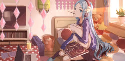 Rule 34 | 1girl, bad id, bad pixiv id, black socks, blue eyes, blue hair, brown skirt, cd case, character request, computer, controller, copyright request, cup, dj, drinking glass, food, headphones, hyp, kneehighs, laptop, long hair, looking at viewer, plant, pocky, potted plant, remote control, school uniform, sitting, skirt, slippers, socks, solo, stuffed animal, stuffed toy, teddy bear, trash can, uniform