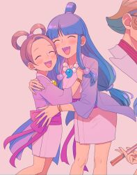 Rule 34 | 2girls, :d, absurdres, ace attorney, bead necklace, beads, blue hair, blunt bangs, blush, brown hair, closed eyes, cousins, feet out of frame, fingernails, hair rings, hand on another&#039;s shoulder, hand on another&#039;s waist, haori, highres, hug, jacket, japanese clothes, jewelry, kimono, long hair, low-tied long hair, low-tied sidelocks, magatama, maya fey, multiple girls, necklace, open mouth, ouse (otussger), parted bangs, pearl fey, pink background, purple jacket, purple sash, ribbon, sash, short hair, short kimono, simple background, smile, topknot, very long hair, waist sash, white kimono, wrist ribbon