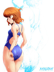 Rule 34 | 1girl, adjusting clothes, adjusting swimsuit, ass, brown eyes, brown hair, character name, competition swimsuit, dha, from behind, ikoma minami, kami nomi zo shiru sekai, one-piece swimsuit, short hair, swimsuit, wet
