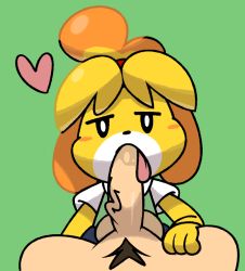 Rule 34 | 1boy, 1girl, animal crossing, animal ears, black eyes, blonde hair, blue skirt, blush stickers, clothed female nude male, dog ears, dog girl, erection, fellatio, furry, green vest, hair tie, half-closed eyes, heart, hetero, interspecies, isabelle (animal crossing), looking at viewer, male pubic hair, nintendo, nude, open mouth, oral, penis, pov, pubic hair, saliva, shirt, short hair, short sleeves, simple background, skirt, solo focus, testicles, tongue, tongue out, topknot, uncensored, veins, veiny penis, vest, vilepluff, villager (animal crossing), white shirt