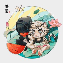 Rule 34 | 2boys, absurdres, animal ears, animal hands, arknights, bare arms, black tank top, blue eyes, book, bright pupils, bug, chibi, doctor (arknights), doufujintianxianle, eating, flower, food, fruit, full body, furry, furry male, highres, holding, holding food, holding fruit, hood, hood up, lily pad, male doctor (arknights), male focus, mountain (arknights), multiple boys, open book, pants, reading, scar, scar across eye, scar on face, short hair, sitting, tank top, thick eyebrows, tiger boy, tiger ears, watermelon, watermelon slice, white fur, white hair, white pants
