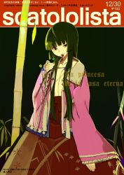 Rule 34 | 1girl, bamboo, black hair, branch, cover, fakepucco, female focus, hime cut, houraisan kaguya, japanese text, jeweled branch of hourai, looking at viewer, open clothes, open shirt, partially translated, shirt, smile, solo, spanish text, touhou, translation request