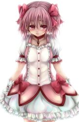 Rule 34 | 10s, bad id, bad pixiv id, blacksio, choker, clothes grab, gloves, highres, kaname madoka, magical girl, mahou shoujo madoka magica, mahou shoujo madoka magica (anime), pink eyes, pink hair, short hair, simple background, solo, tears, twintails, white gloves